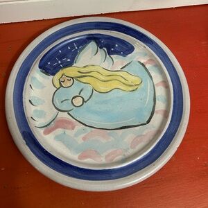 Signed Odell Pottery Sleeping Angel Plate Louisiana Art Vintage redware 90's